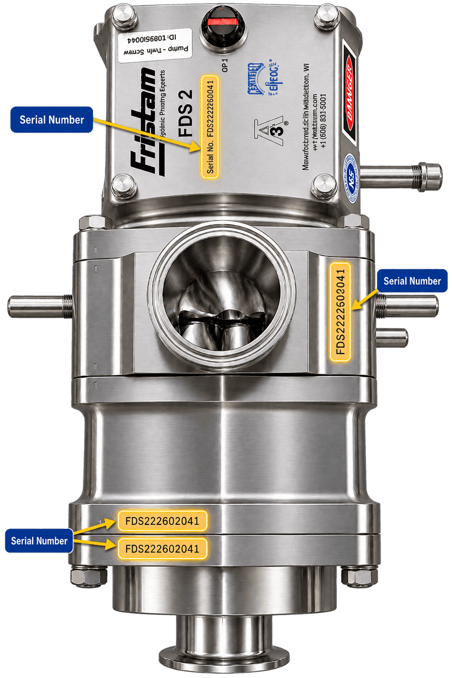 An FDS 2 twin-screw pump with four serial-number locations marked: on the nameplate, stamped vertically on the pump housing, and twice on the housing flange below the cover.